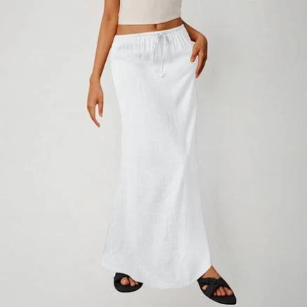 Women's Boho Linen Maxi Skirt with Elastic Waist and Drawstring