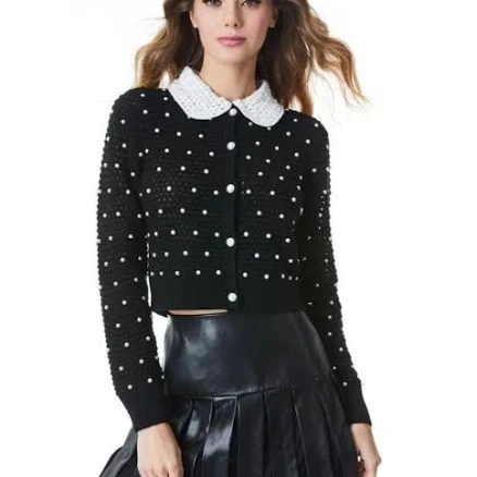 Alice + Olivia Women's Collins Cropped Faux Pearl Cardigan