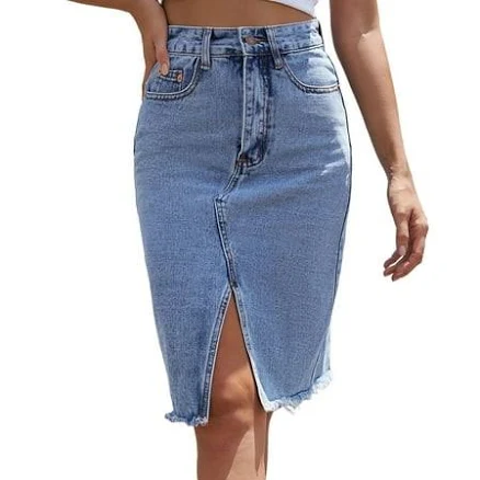 Women's High Waist Mid Length Denim Skirt with Hip Slit