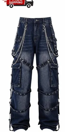 Gothic Denim Pants with Chains Straps