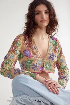 Nasty Gal Women's Star & Heart Embellished Crop Jacket