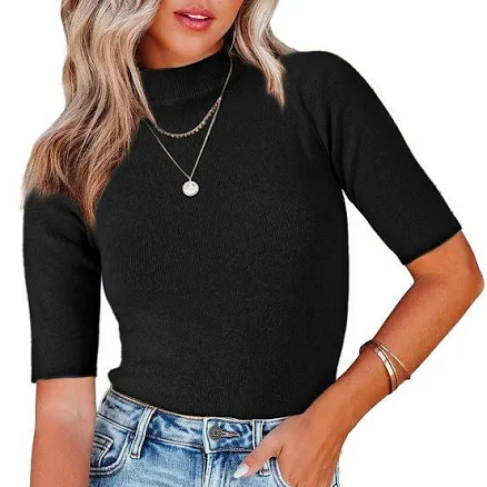 Women's Mock Neck Sweater Lightweight Slim Fit Half Sleeve Knit Pullover Tops, Size: XL, Black