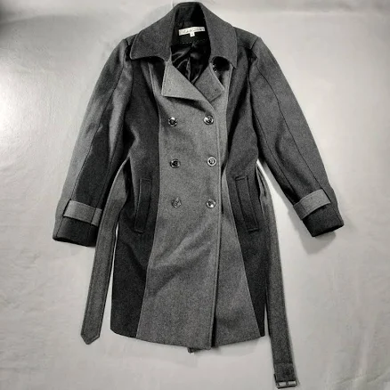 Kenneth Cole York Doubled Breasted Belted Pea Coat Gray Wool Womens