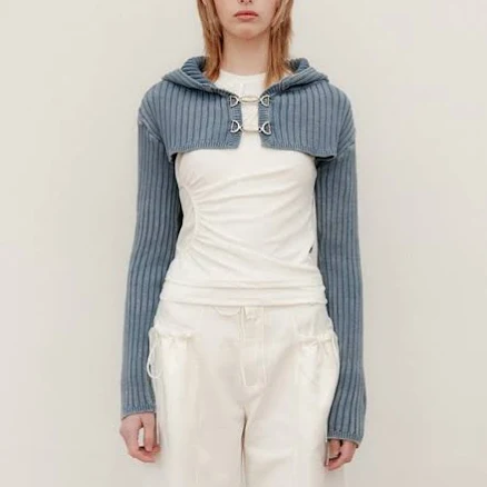 YUSE 2404 DENIM WASHING HOODIE BOLERO KNIT TOP - INDIGO