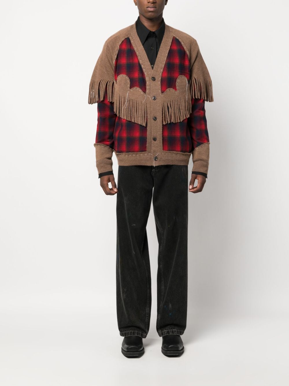 Fringed Panelled Checked Cardigan