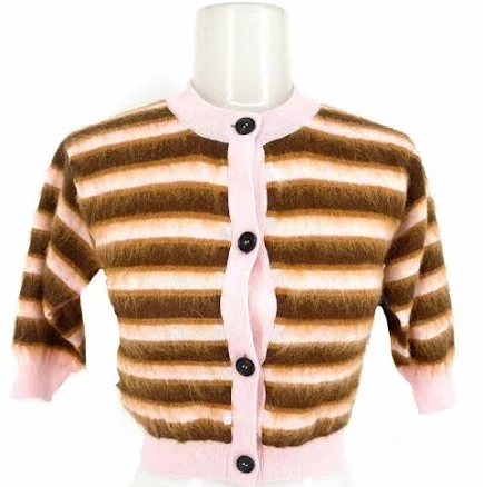 MARNI Women's Pink Brown Size 38/2 Button Down Wool Stripe Cropped Cardigan