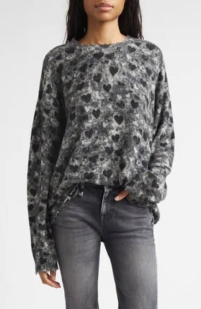 R13 Distressed Heart Print Cashmere Sweater