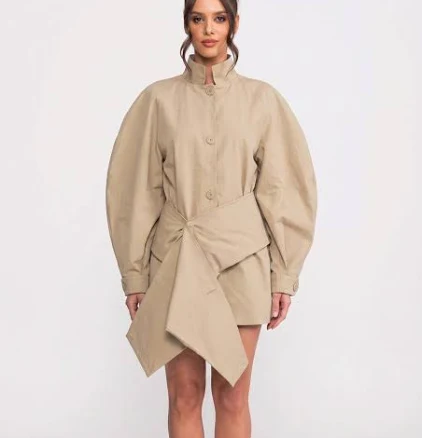 Oversized Balloon-Sleeve Belted Jacket with Asymmetric Hem