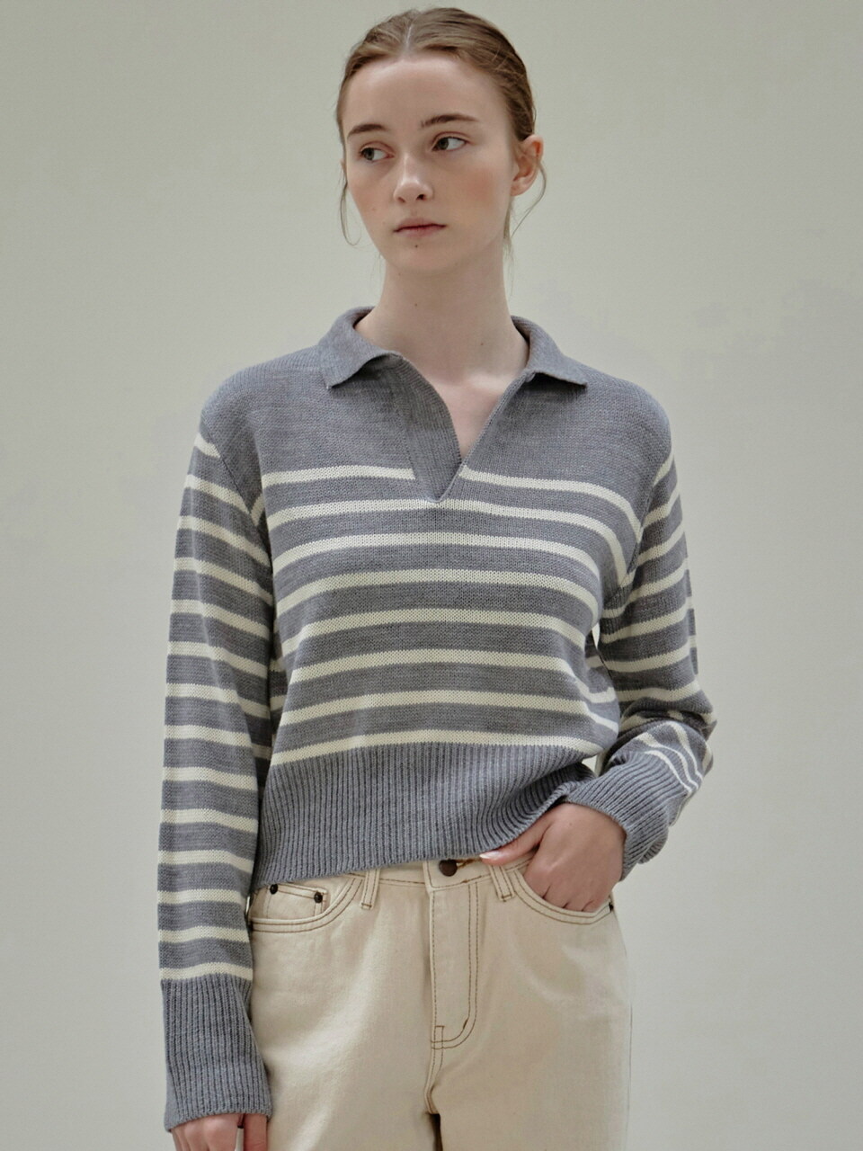 Open Collar Stripe Sweater (Gray)