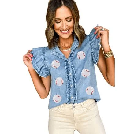 Women's Beau Sequin Baseball Graphic Button Up Denim Top