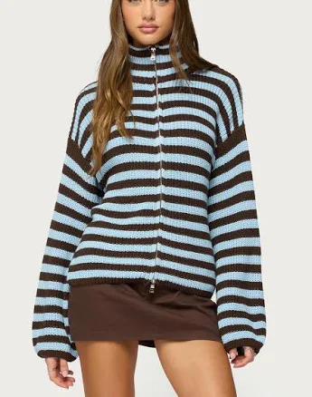 Edikted Women's High Neck Striped Zip Up Sweater
