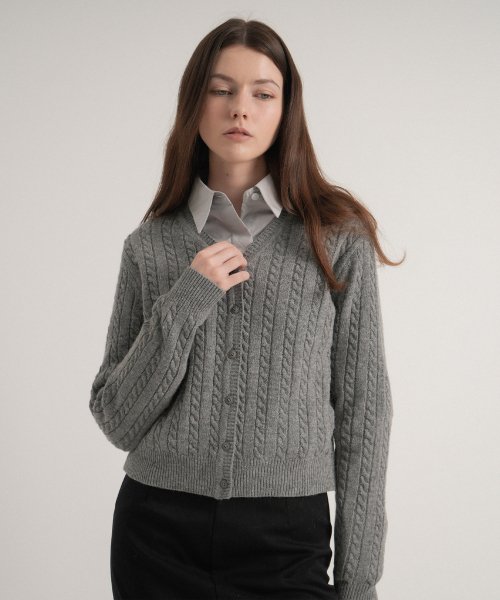 Raccoon Cable V-neck Knit Cardigan (Gray)