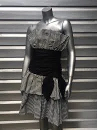 Vintage Checkered Plaid Tiered Ruffle Black White Bow Strapless Dress