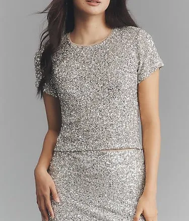 Sequin T-Shirt by Maeve in Silver, Size: XXS at Anthropologie