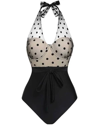 Retro Polka Dot Mesh Halter One-Piece Swimsuit