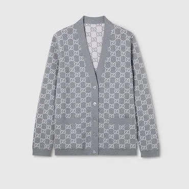 GUCCI Reversible GG Fine Wool Jacquard Cardigan, Size L, Silver