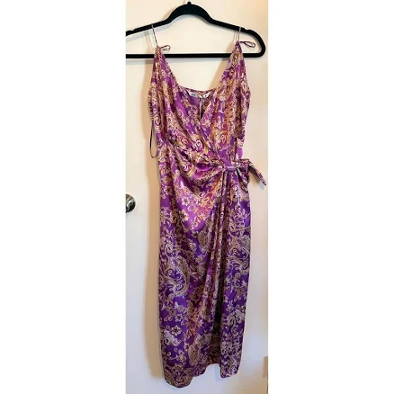 Zara Purple Paisley Print Satin Wrap Midi Dress Spaghetti Straps Tie