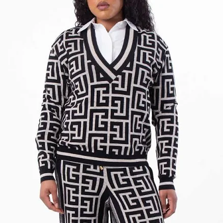 Balmain Women's V Neck Monogram Wool Cardigan