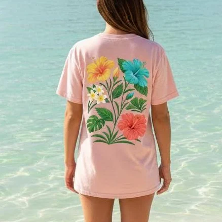 Tropical Hawaiian Beach Tee with Hibiscus Flower Back Print