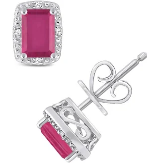 Sterling Silver Ruby and Diamond Halo Stud Earrings