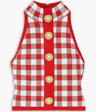 Balmain Women's Cropped Button-Embellished Gingham Knitted Top - Red - Sleeveless tops