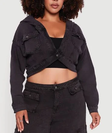 Womens Plus Size Mineral Wash Cropped Hooded Denim Jacket, Black, Size 2X - Rainbow Shops
