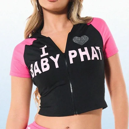 BABYPHAT Women's Zip Up Hooded Cropped Jersey Top With Slogan Print Color Block Raglan Sleeves Y2K Style Fashion Top