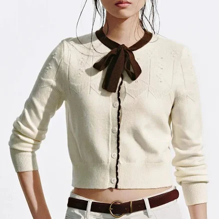 Contrast Tie Neck Knitted Cardigans