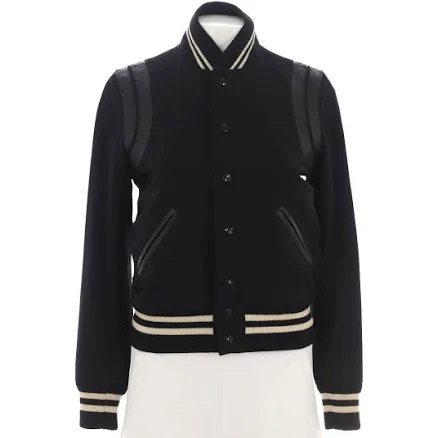 Saint Laurent Women's Classic Teddy Bomber Jacket Wool Blend with Leather Black