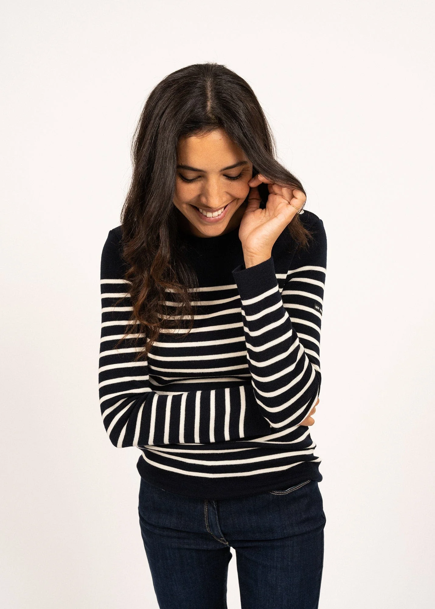 Maree II Striped Sweater With Button Shoulder In Pure Merino Wool