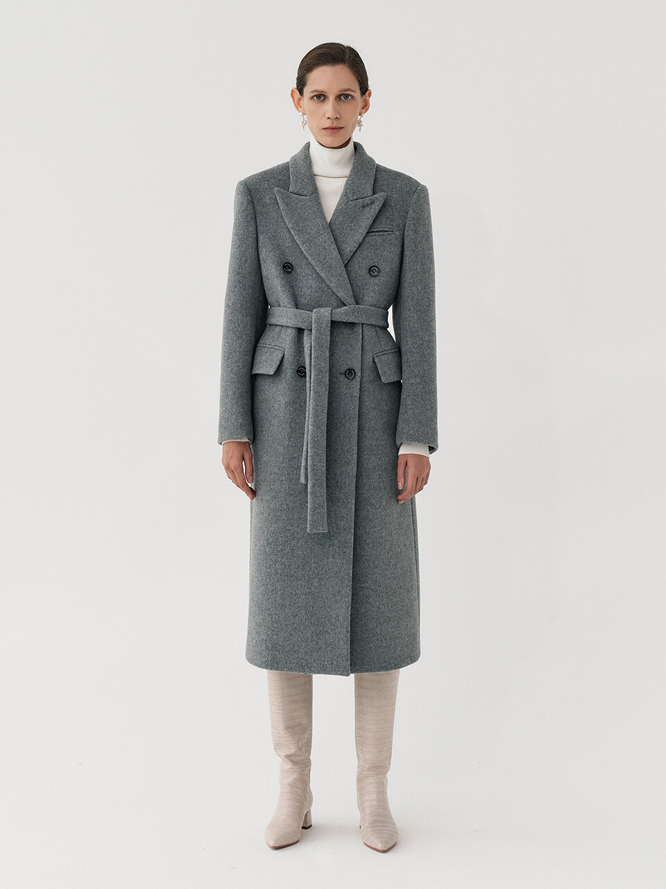 Tailored Oversized Wool Long Coat - Melange Grey