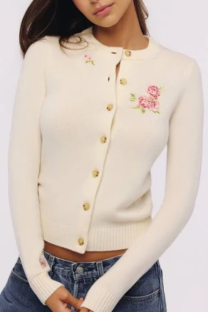 'Daisie' Wool + Cashmere Floral Embroidered Cardigan