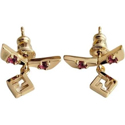 Fendi Gold-tone Metal F Logo Drop Earrings With Pink Stones
