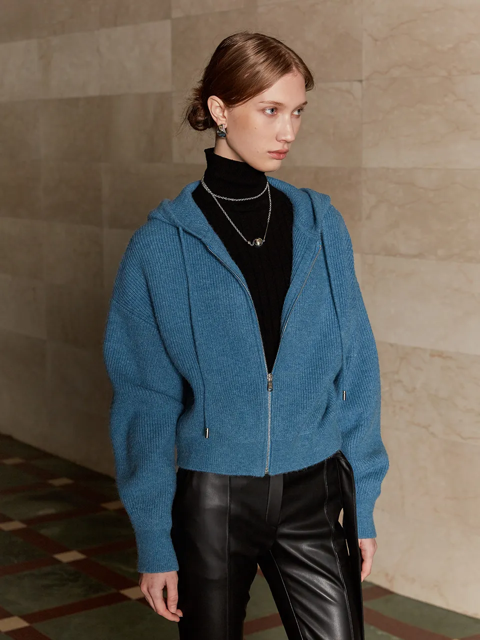 ARIN LAMPO Zip-up Hooded Knit Cardigan-Blue