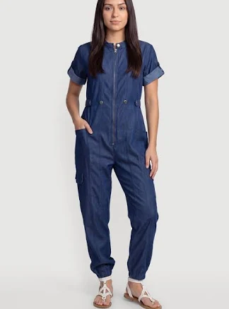 Womens Tab Sleeve Zip Front Cargo Pocket Jumpsuit, Dark Wash, Size M - Rainbow Shops