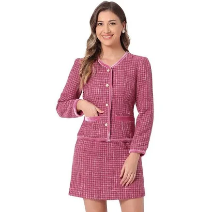 Women's Outfits Set Plaid Tweed Short Blazer Jacket and Skirt Sets, Size: Large, Hot Pink