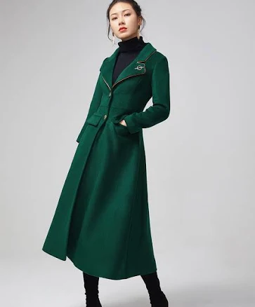 Women's Wool Blend Long Sleeve Lapel Collar Coat with Brooch