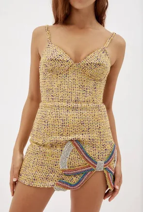 $1595 Area Embroidered Crystal Bow Mini Dress Yellow Tweed Rainbow 10