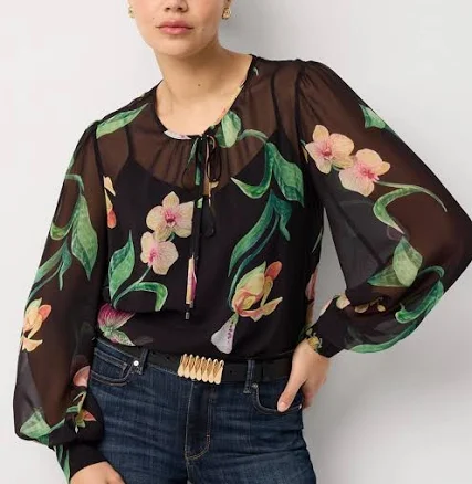 White House Black Market Women's Chiffon Tie-Neck Blouse