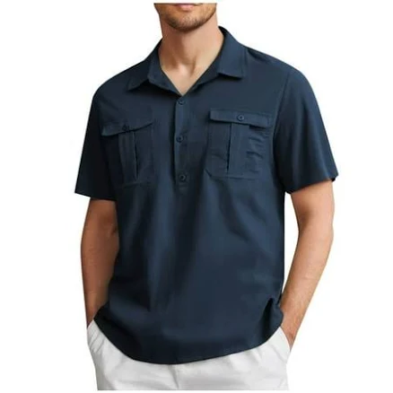 Men's Casual Collared Short Sleeve Button Up Shirt with Two Pockets