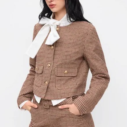 Houndstooth Tweed Round Neckline Long Sleeve Jacket
