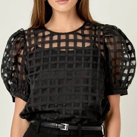 English Factory Women's Plaid Sheer Puff Sleeve Top