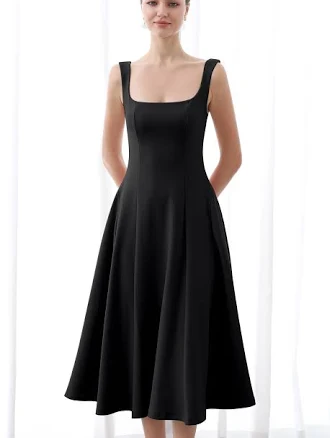 Fit and Flare Square Neck Midi Dress