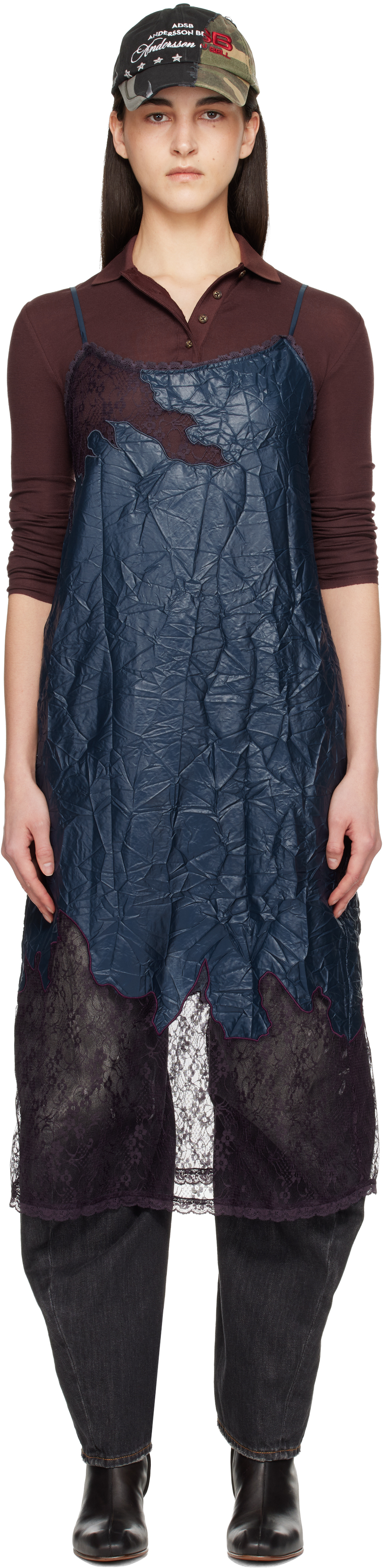 Navy Embroidery Lace Midi Dress