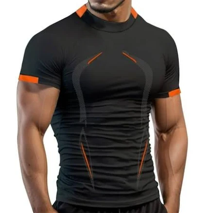 Finalgang Mens Short Sleeve Half High Neck Slim Fit TShirts Athletic Workout Breathable Shirt For Gym Training Running Fitness Daily Wear Black