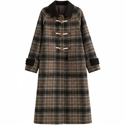 Vintage Wool Blend Plaid Duffle Coat