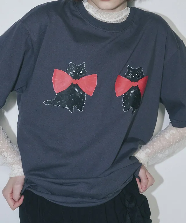 RIBBON CATS T SHIRT CHARCOAL