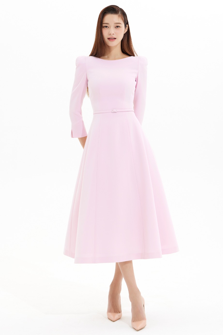 Crepe Boat Neckline Flare Dress