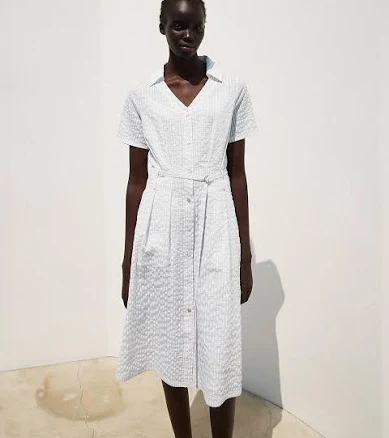 RE RHEE Belted Seersucker Midi Dress