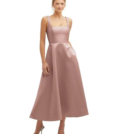 Square Neck Satin Midi Dress with Full Skirt & Pockets
